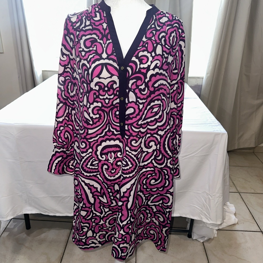 JUICY COUTURE - PINK PURPLE WHITE MULTI-COLOR LONG SLEEVE DRESS SIZE MEDIUM